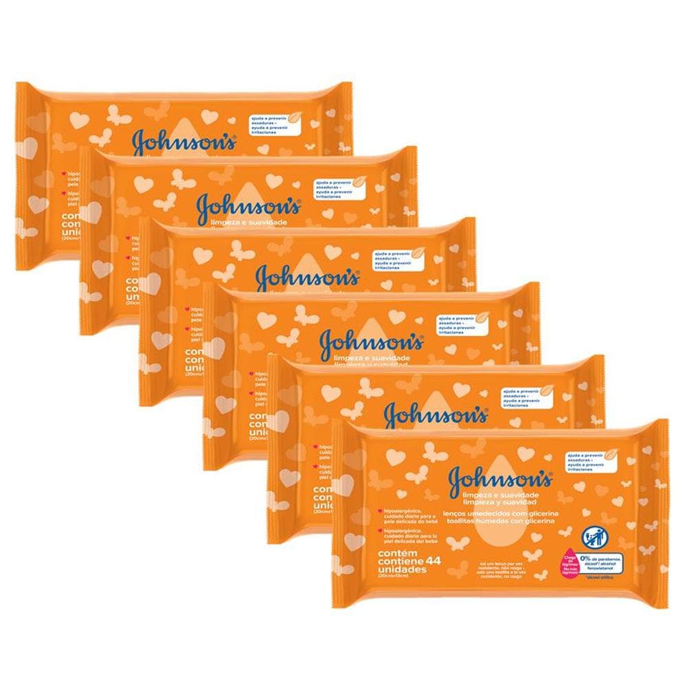 Kit com 6 Toalhas Umedecidas Johnson's Baby Limpeza e Suavidade 44un cada