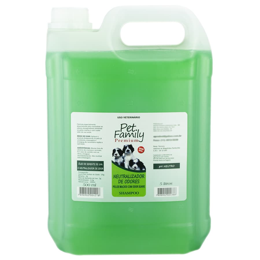 Shampoo Para Cães e Gatos Eliminador De Odores Pet Family Galão 5 Litros Banho e Tosa Profissional