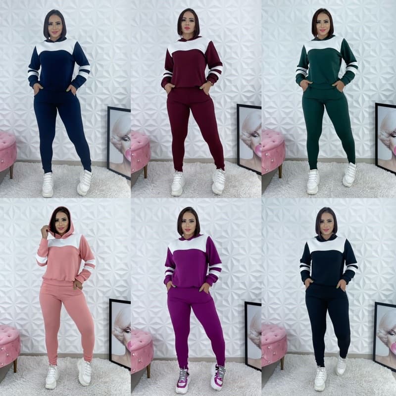 Conjunto  Moletom de Frio Feminino de Malha Crepe Manga Longa Inverno com Capuz e Listras