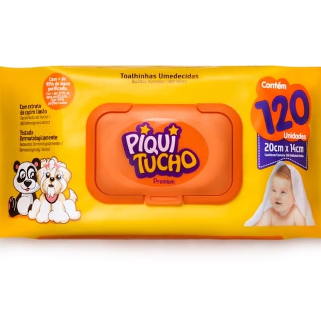 Toalha Lenço Umedecido PIQUITUCHO Feelclean 120 Unidades Tampa FLIP TOP Sem álcool Antisséptico Hipoalergênico sem parabenos