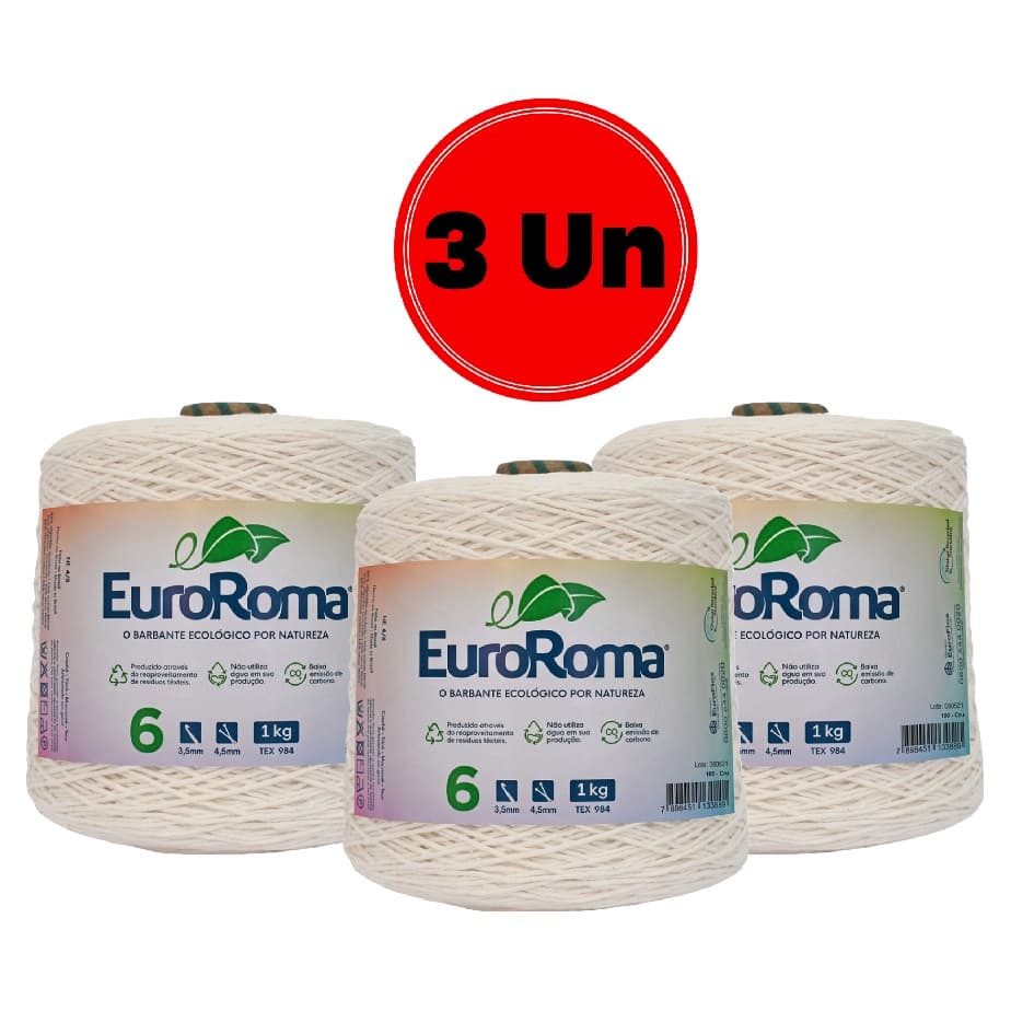 Kit 3 Barbante EuroRoma Cru 1 Kilo Fio 4, 6 e 8 Linha para Croche, Trico, Tear, Macrame, Tapeçaria e Artesanato
