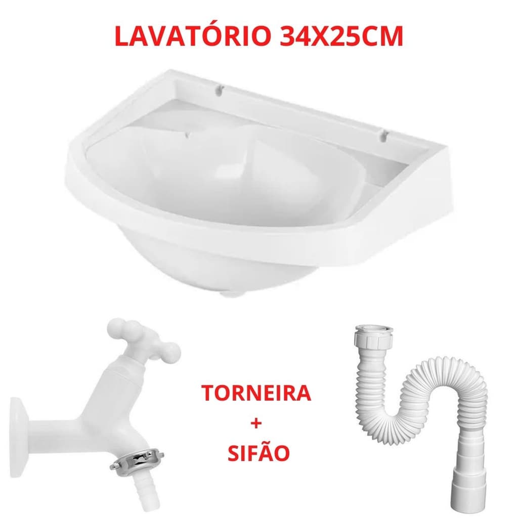 Kit Banheiro - Lavatório 34x25 Cm + Sifão + Torneira - Kit Completo Especial Oferta