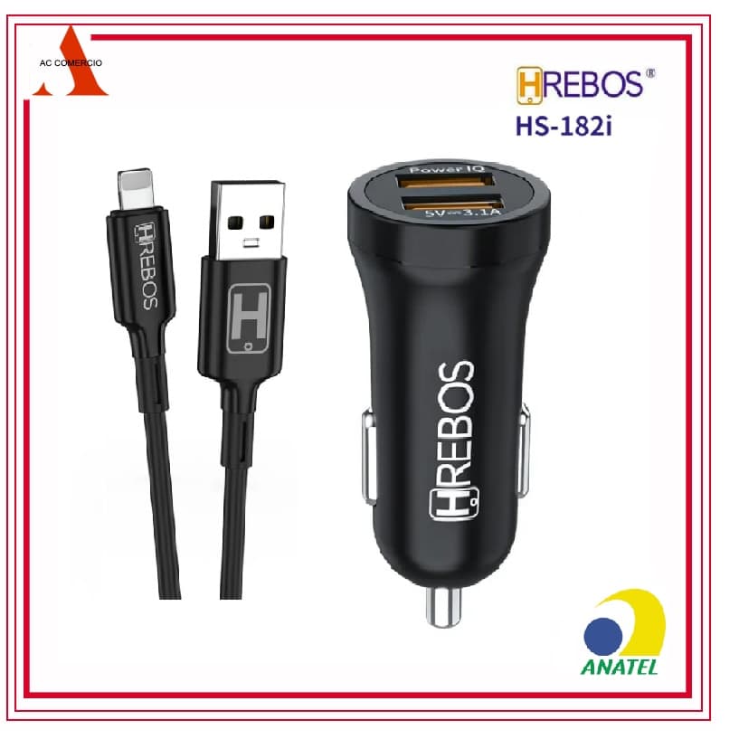 Kit Carregador Veicular 2 Usb 3.1a+ Cabo P/ iPhone Hs-182i