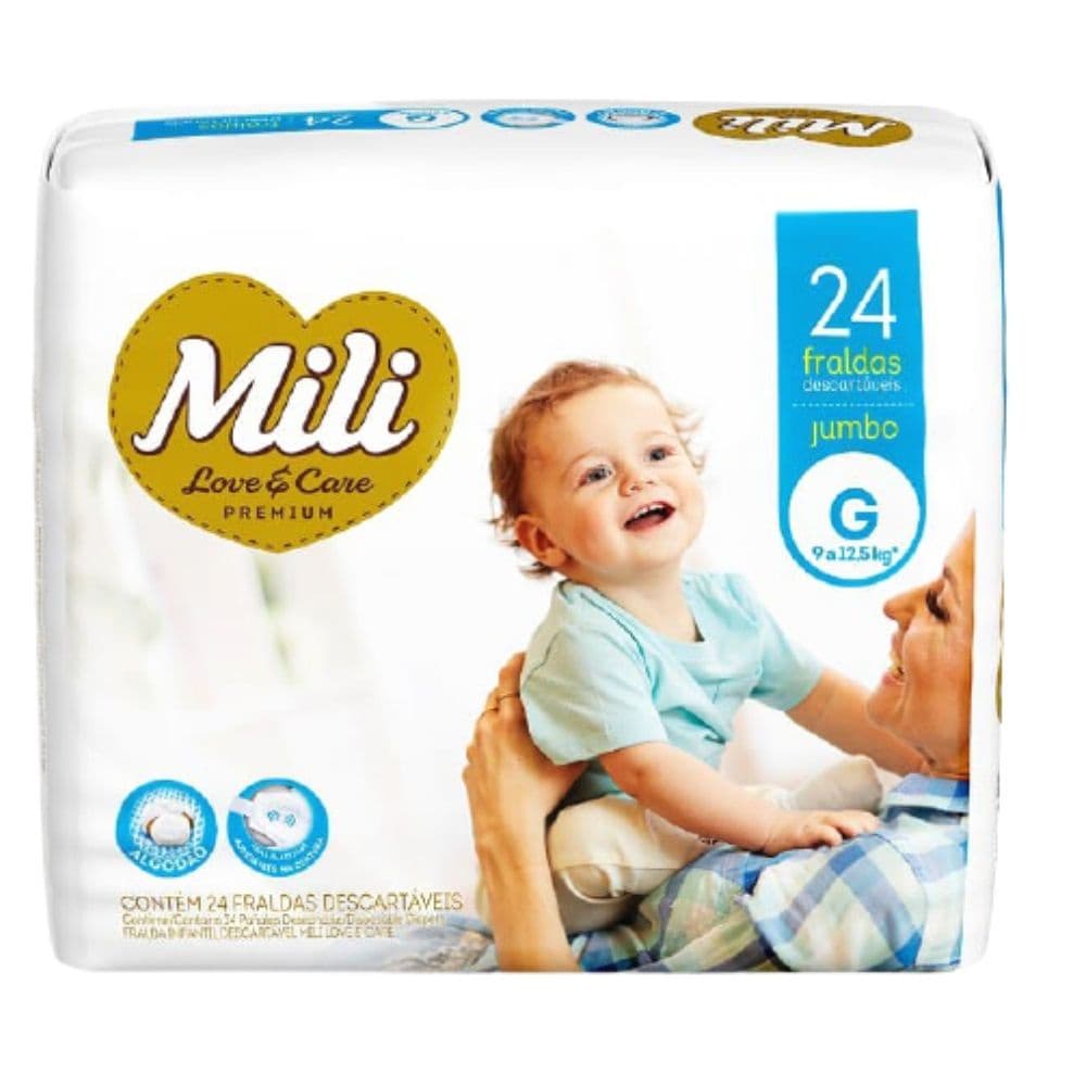 Fralda Descartável MILI  Love Care Linha Premiun  Tam G  24 Fraldas  com Super Gel   Proteção Dia e Noite