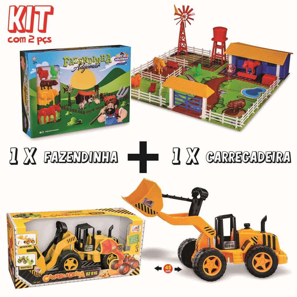 kit Carrinho Trator Escavadeira e Jogo Tabuleiro Fazendinha Adijomar Brinquedo Criança Pequena