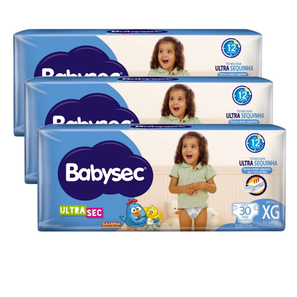 Fraldas Descartáveis Kit com 3 Pacotes Babysec Galinha Pintadinha - XG (11 a 14kg) - 90 Unidades