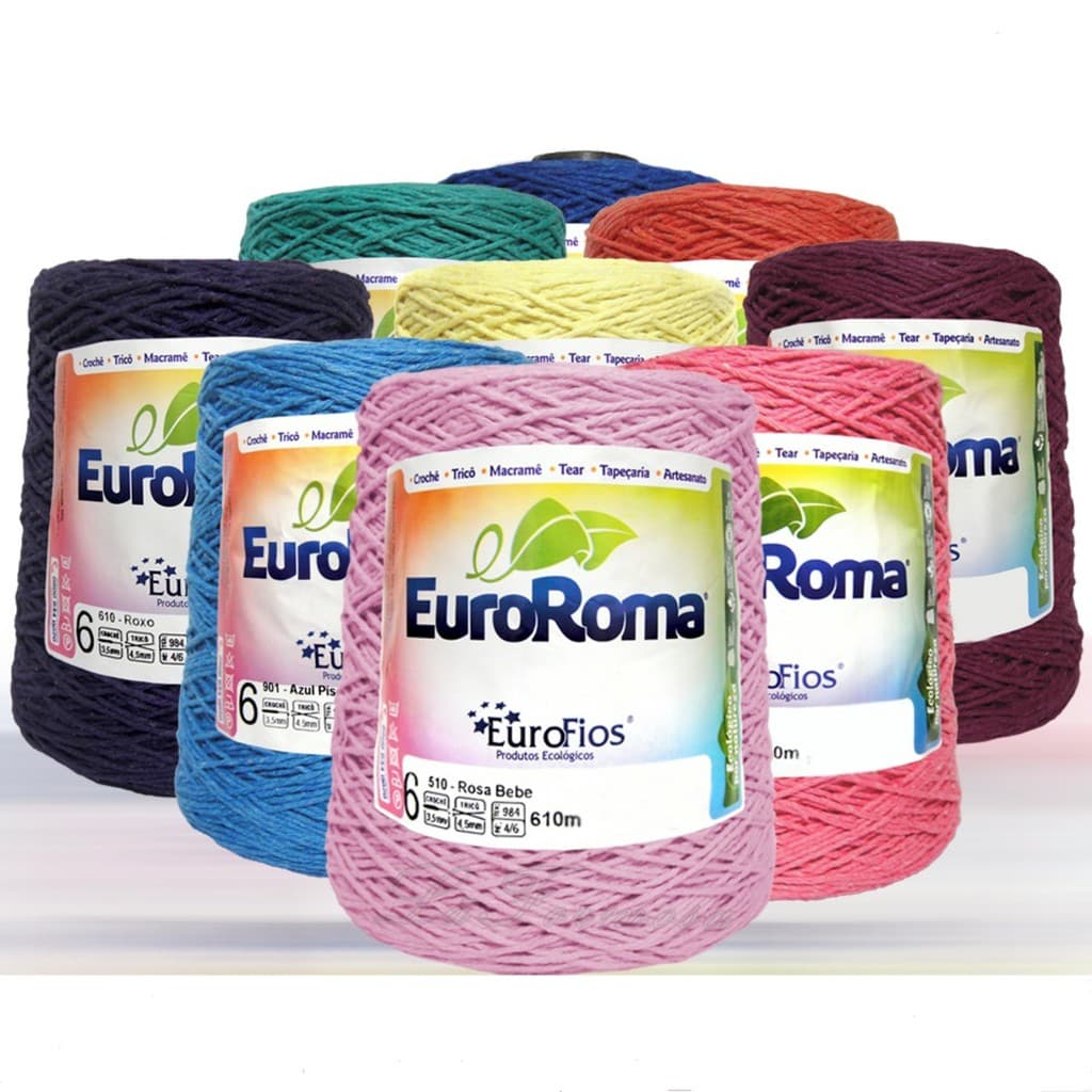 Barbante Euroroma Croche Kit 5pç Cores, Cinza, Rosa bebe, mostarda, verde musgo e Azul Jeans, cinco cone 600g fio nº06 cores surtida escolha as cores enviamos para todo o Brasil