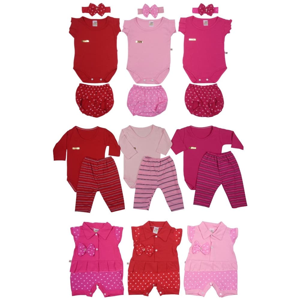 Kit Com 18 Peças Bebê Menina Macacão, Body, Calça e Tapa Fralda