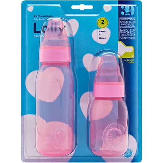 kIT Mamadeira Clean bico redondo de silicone 220 e 120 ML Lolly cor Rosa