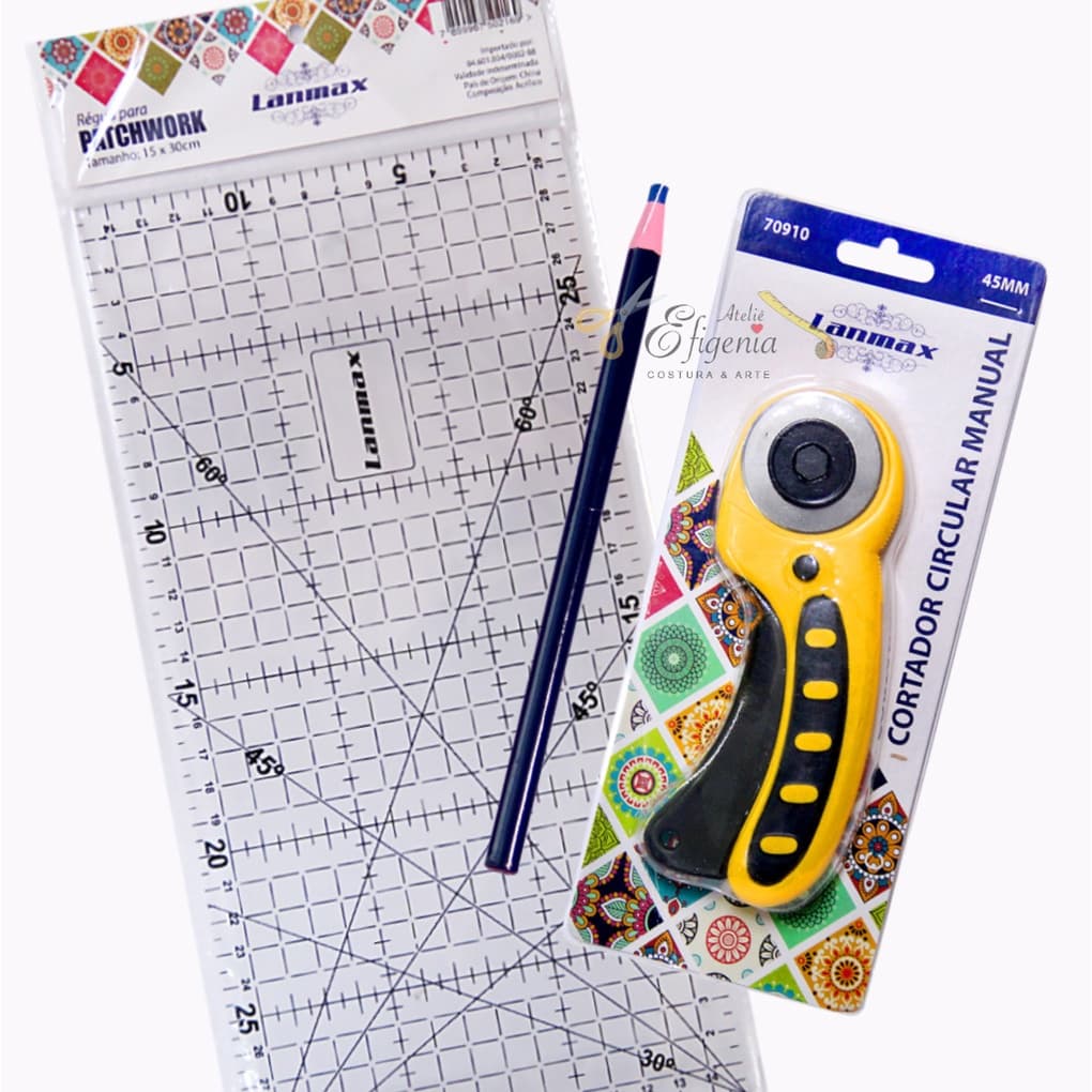 Kit Régua Patchwork 15x30 cortador circular lápis para tecido  cor azul marinho ferramentas patchwork costura