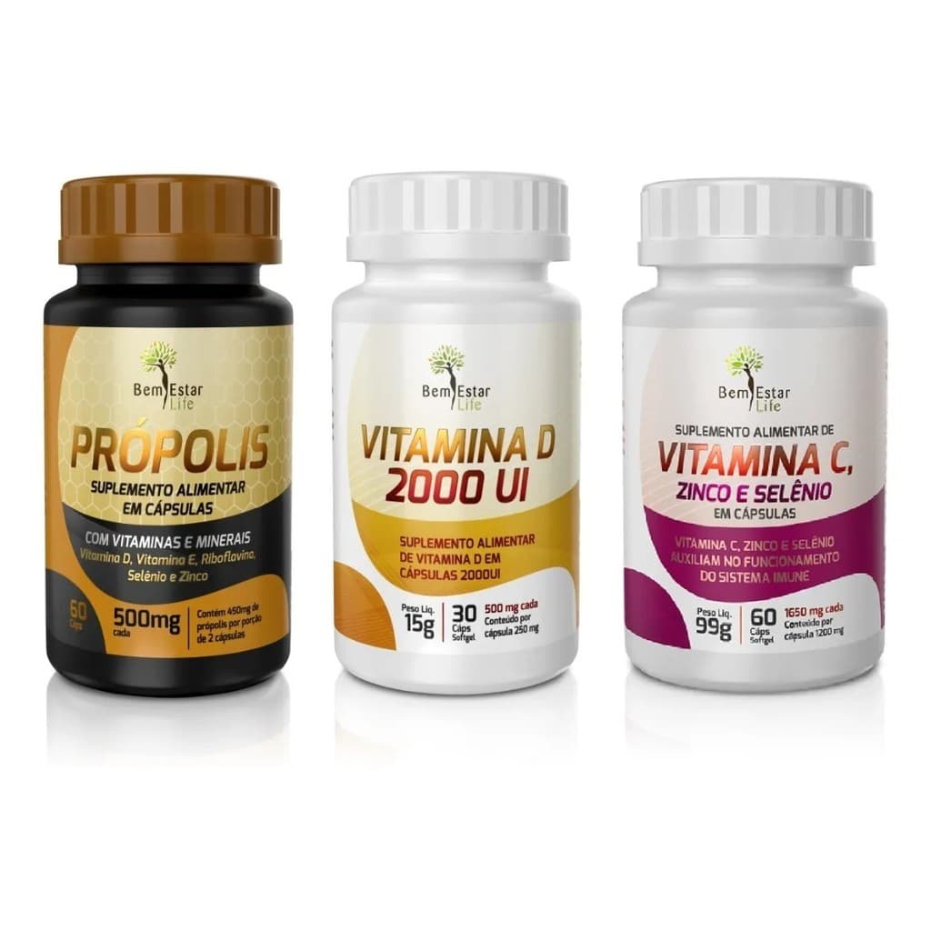 Propólis 60 caps + Vitamina D 2000 UI 30 caps + Vitamina C 60 caps - BEM ESTAR LIFE