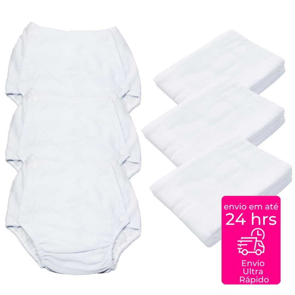Kit 03 Calça Enxuta Reutilizável Ecológica + 03  Fralda de Pano Luxo Algodão Lisa com Bainha Bebê Infantil Minasrey