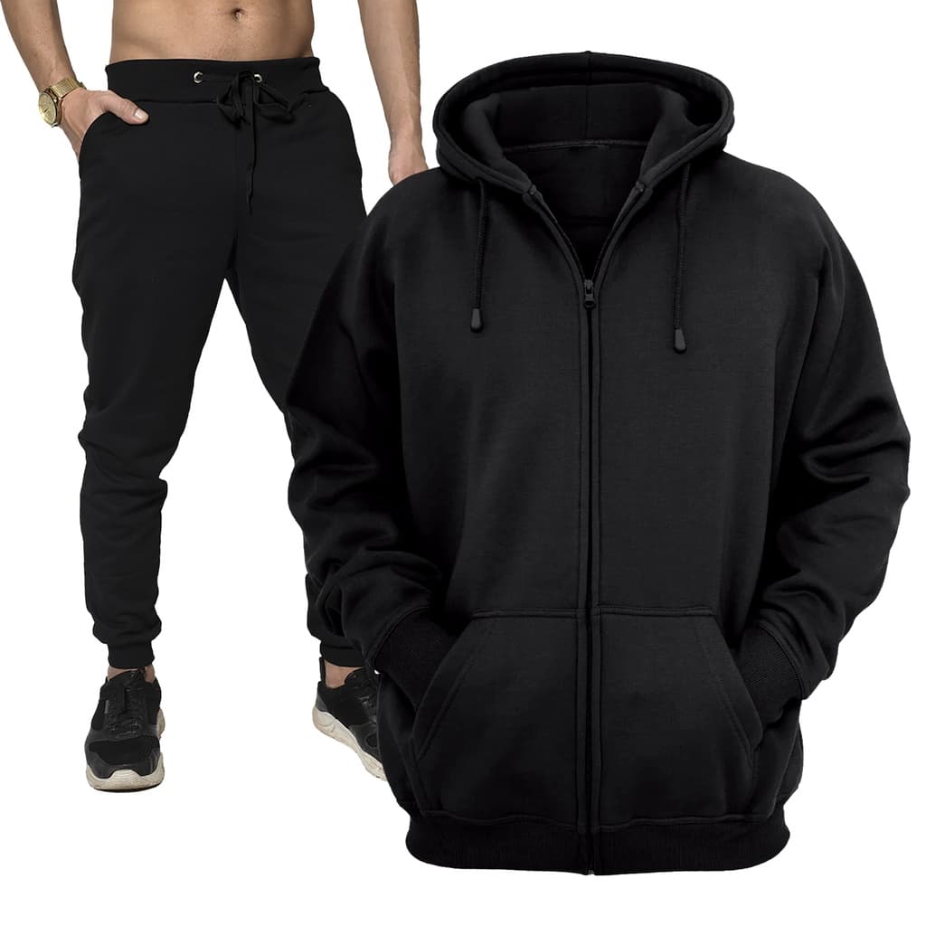 Conjunto de Moletom Canguru com Ziper e Capuz + Calça de Moletom com Elástico