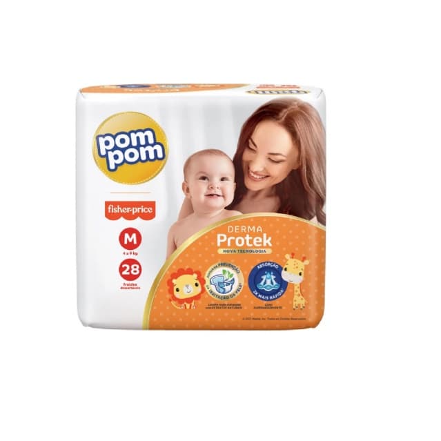 FRALDA POMPOM DERMA PROTEK JUMBO TAMANHO M - 28 UNIDADES