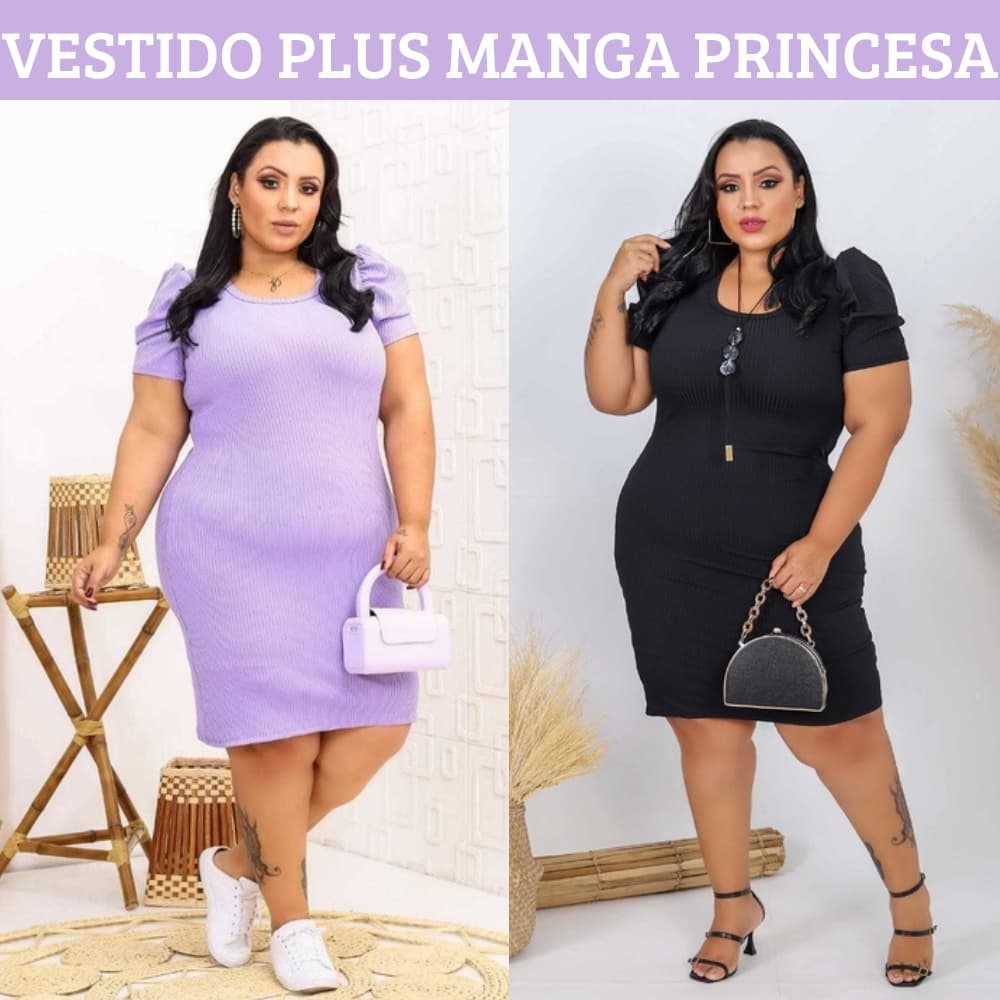 Vestido Plus Size (46 ao 52) Manga Princesa Tecido Canelado Roupas Femininas Plus Size Moda Blogueira Vestido Feminino