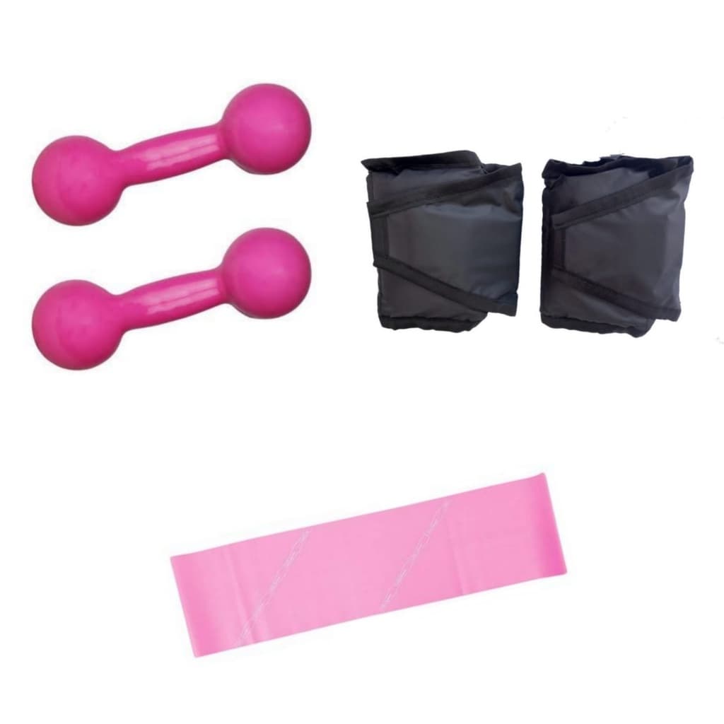 Kit Par Halter 1 Kg Emborrachado e Par Caneleira 1 Kg + Elástico Treino