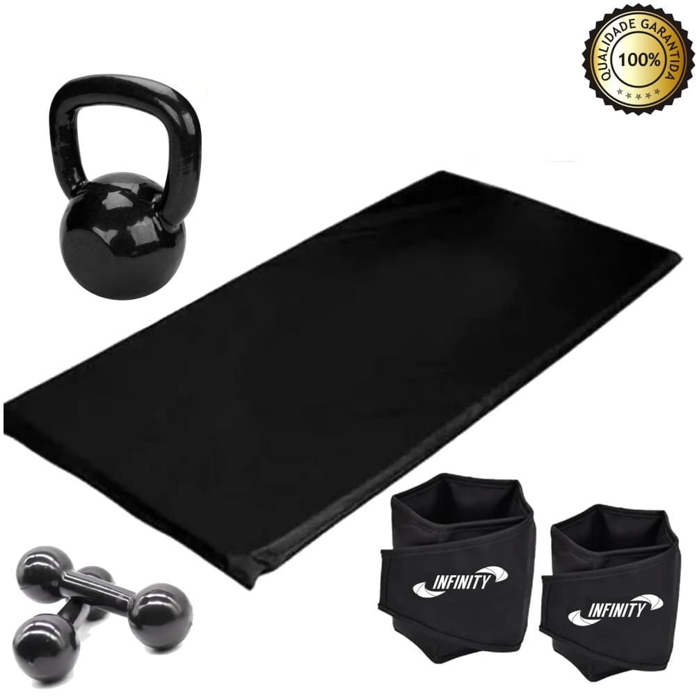 Kit Aeróbico em Casa Caneleira 3kg Halter 1kg Kettlebell 4kg Colchonete Treino Funcional
