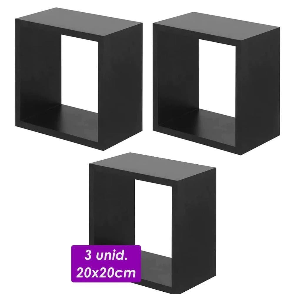 Kit 3 Nichos 20x20 Sala Cozinha Banheiro Parede MDF Casa Quarto Bebe Decoração Preto ou branco Montado Quadrado