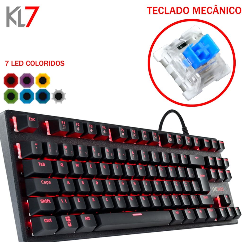 Teclado Mecânico KL7 Pcyes p/ PC Gamer Abnt2 Anti-ghosting Led 7 Cores +Brinde