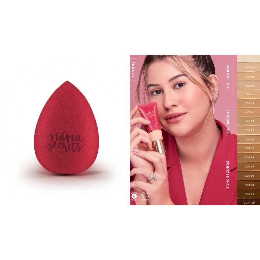 KIT Base Líquida Niina Secrets Hidra Glow + Esponja De Maquiagem Facial Niina Secrets Eudora