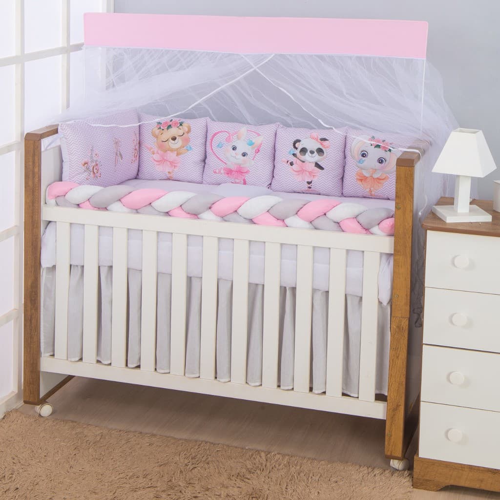 Kit Berco Americano Trança Bebe Enxoval Menina 12 Peças Bailarinas Rosa