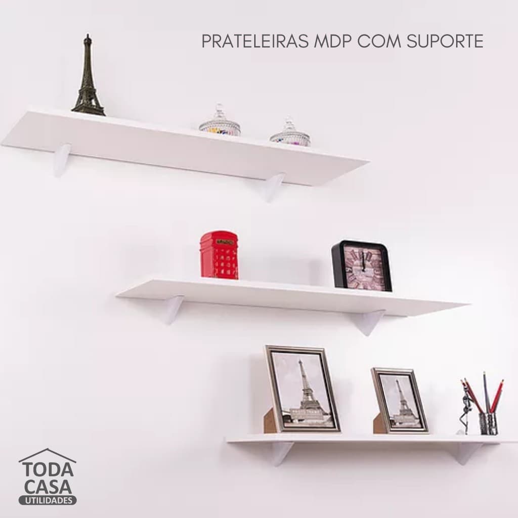 Prateleira de Parede Branca Com Suporte Reta - 20x60cm - Organizador para quarto, sala, cozinha e decoração, Pratefix