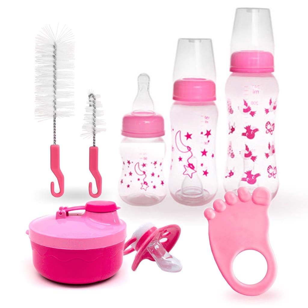 Kit Bebê Completo , Conjunto com 3 mamadeiras + Escovas para limpeza de mamadeira + Mordedor pezinho + Porta Leite + Chupeta Bico Achatado - Rosa