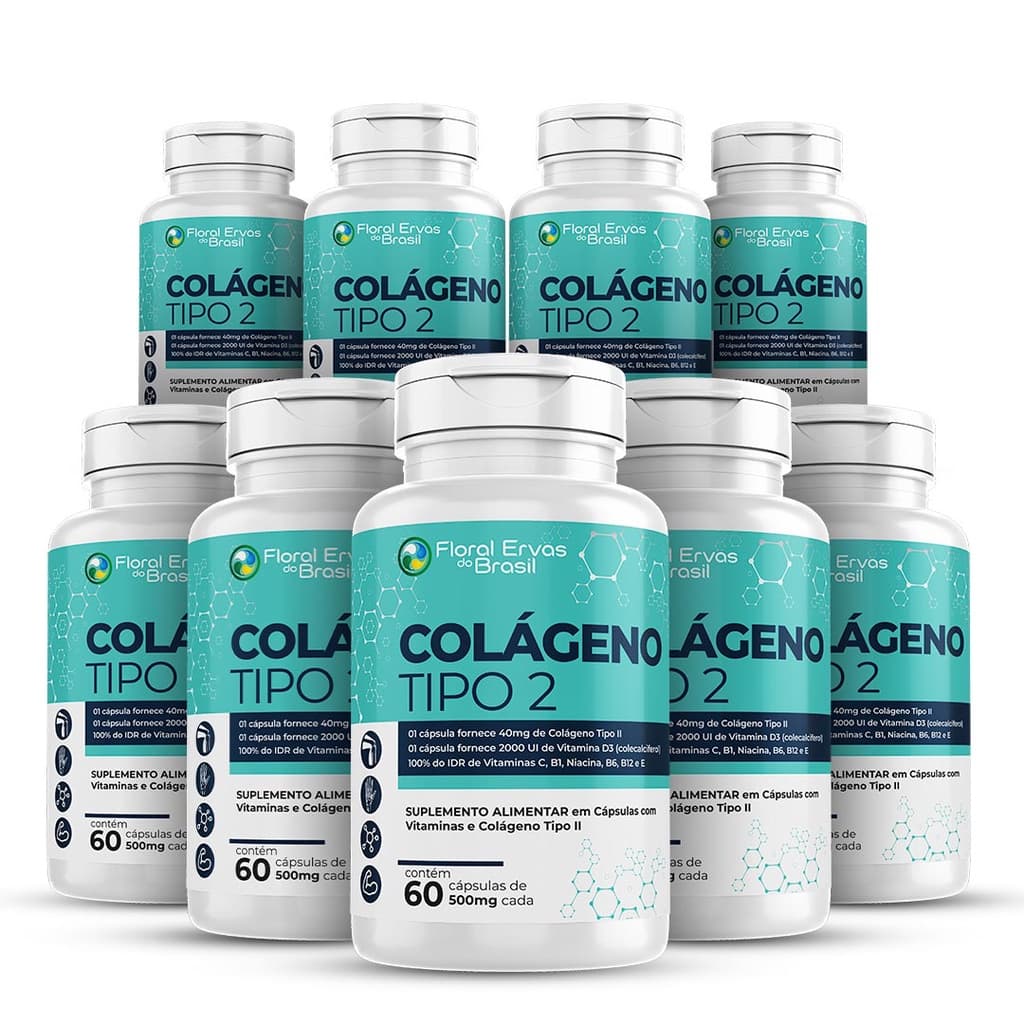 Colágeno Tipo 2 I I 9x 60 Cáp com Vitamina C E B1 B6 B12 e Vitamina D3 2.000UI por cáp