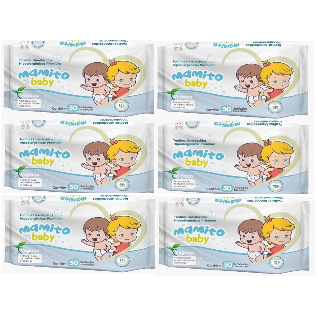 Kit com 6 - Lenços Umedecidos Mamito Baby Toalhas Umedecidas 50 Unidades Cada (total: 300 Unidades).