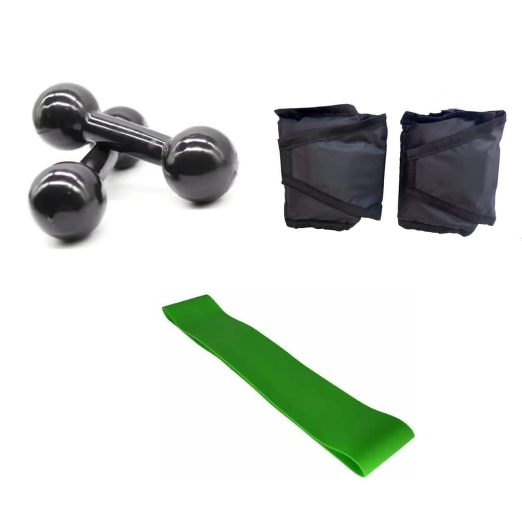 Kit Treino Em Casa Par Halter 2 Kg e Par Caneleira 2 Kg + Elástico Treino
