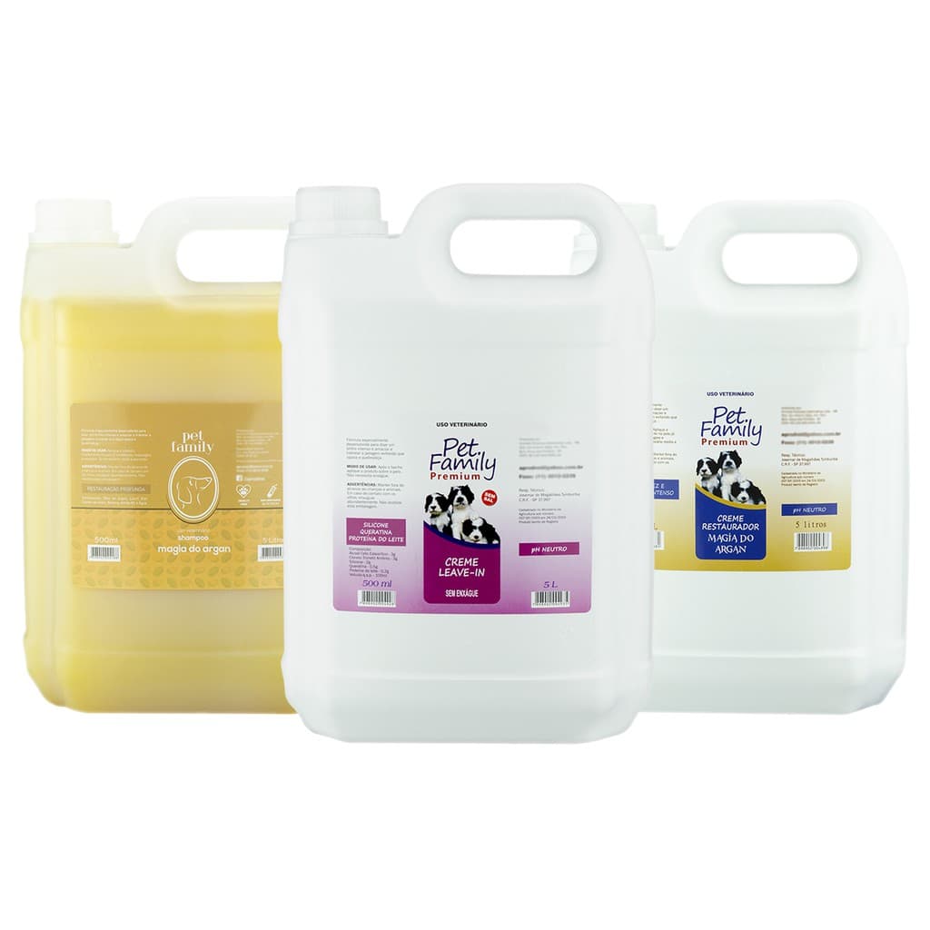 Kit Para Banho Pet Cães E Gatos Shampoo Condicionador Leave-in 5L Profissional Pelos Longos Comprido