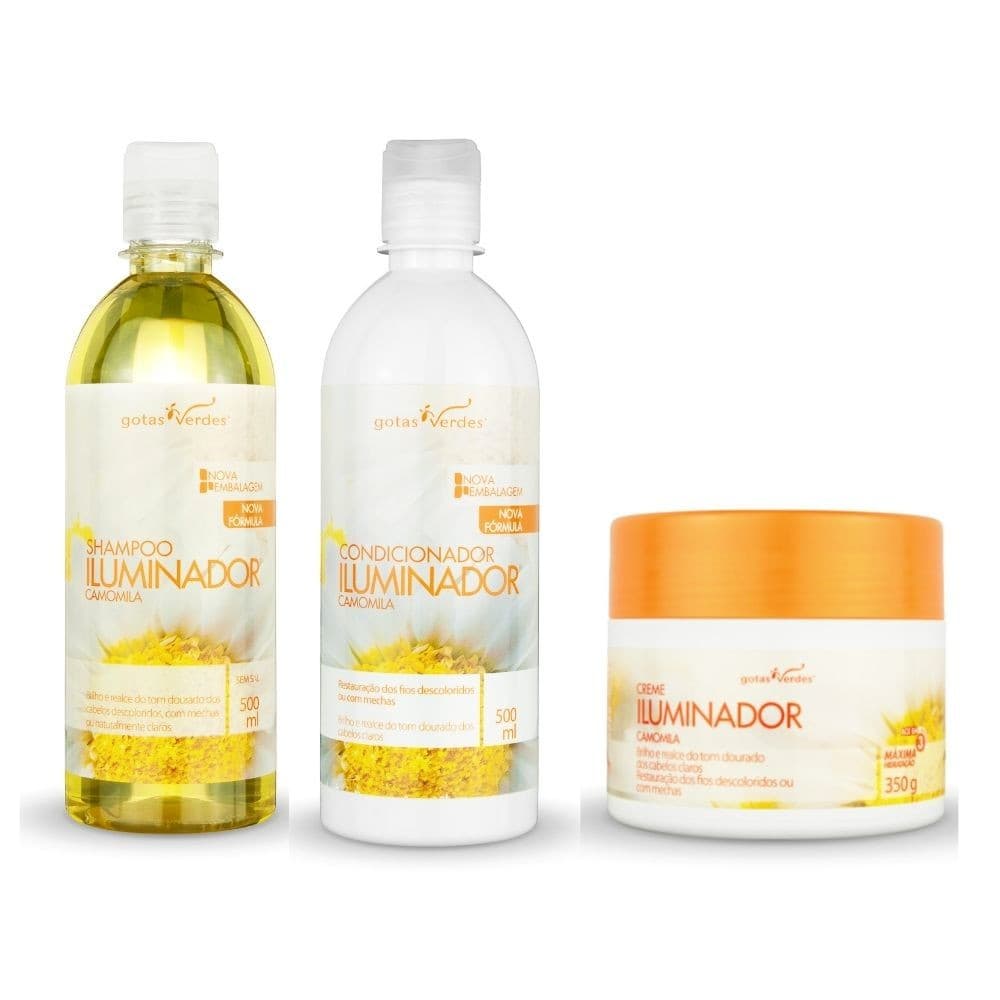 Kit Iluminador Camomila Cabelos Claros Shampoo  + Condicionador + Creme Hidratante Gotas Verdes