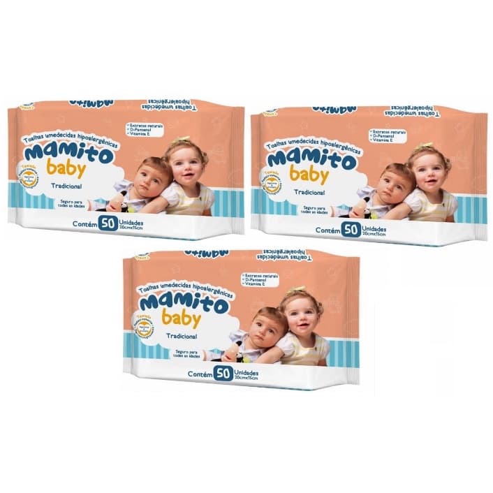 Kit com 3 - Lenço Umedecido Mamito Baby Tradicional Toalha Umedecida Chams 50 Unidades (total: 150 Unidades) @