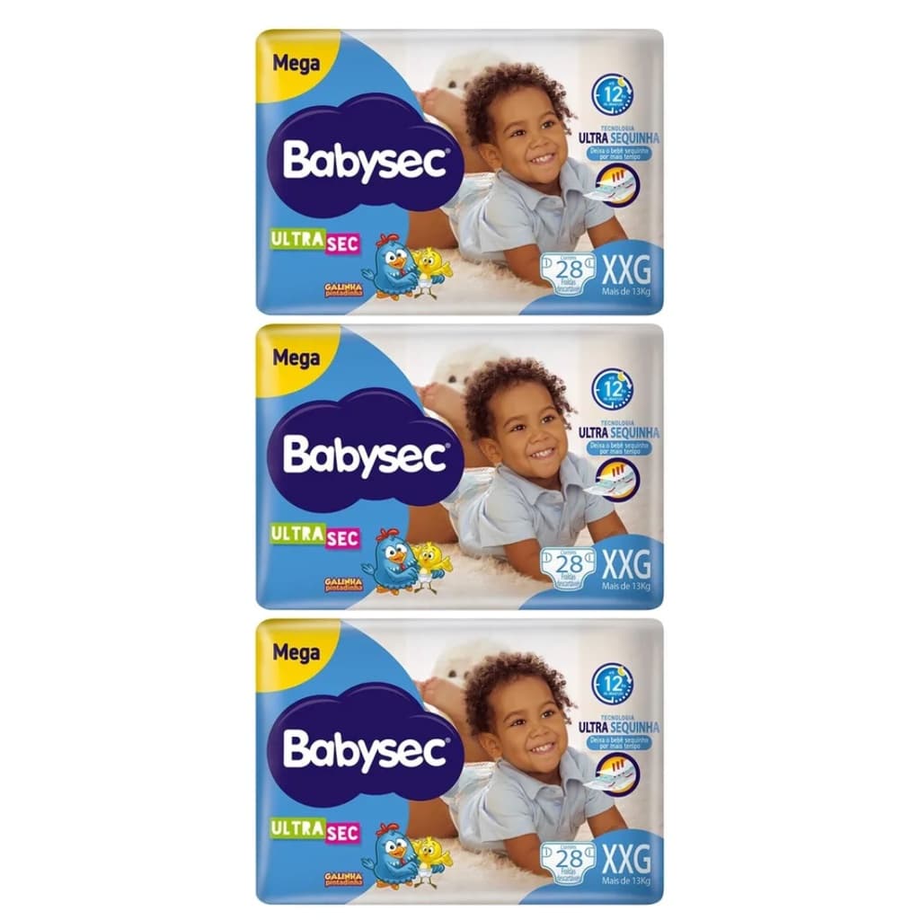 Fraldas Descartáveis Kit com 3 Pacotes Babysec Galinha Pintadinha Mega Tamanho XXG - 84 Unidades