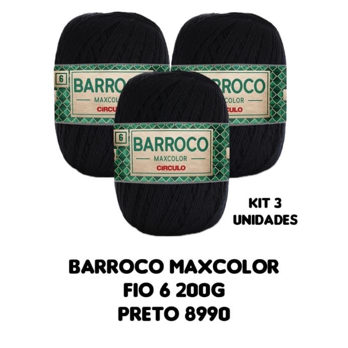 Barbante Barroco Maxcolor Fio 6 200g para crochê Cor Preto 8990 kit 3 unidades