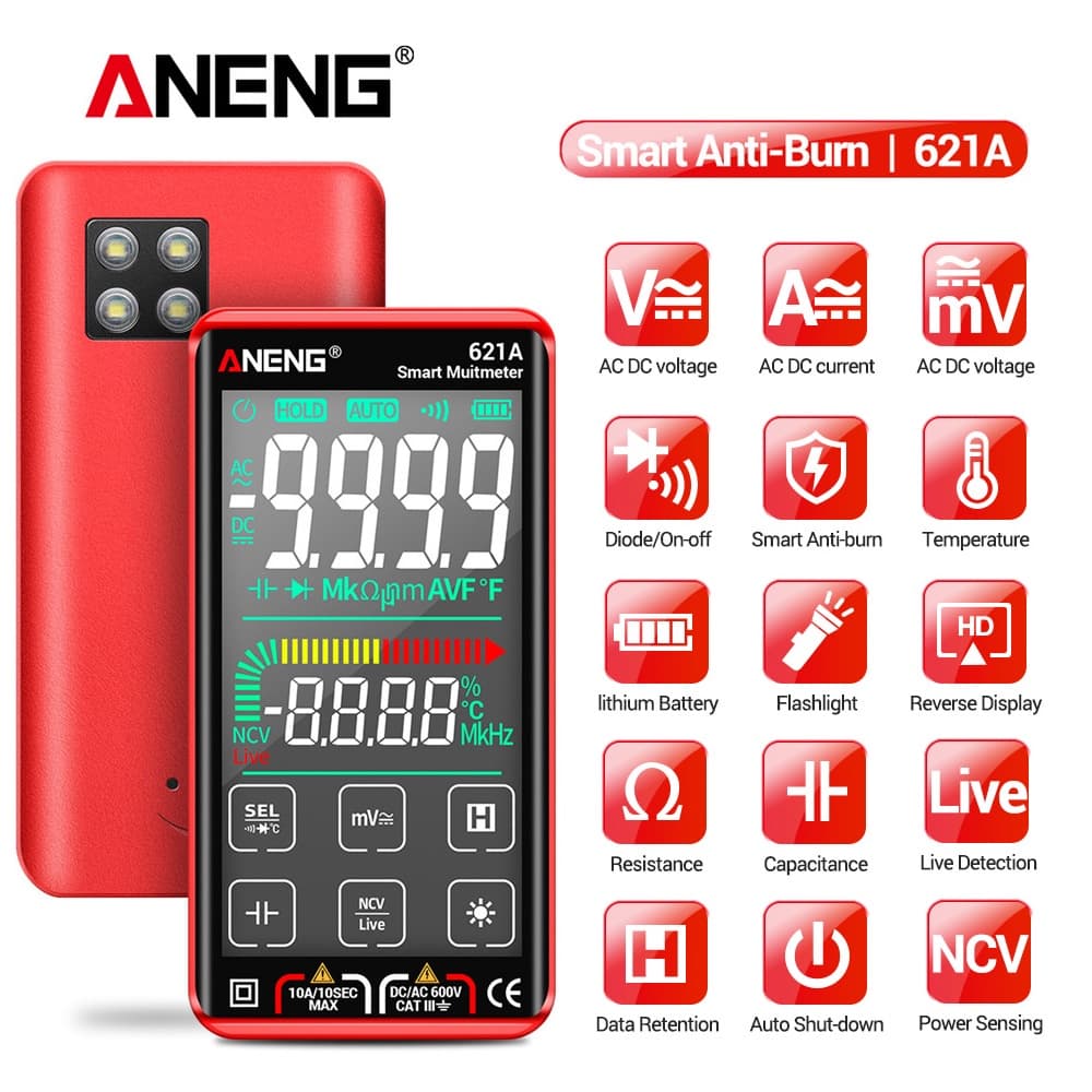  ANENG 621A Multímetro Digital Inteligente com Tela Touch, Medidor True RMS 9999-Contagem, Auto-Ranging para Tensão