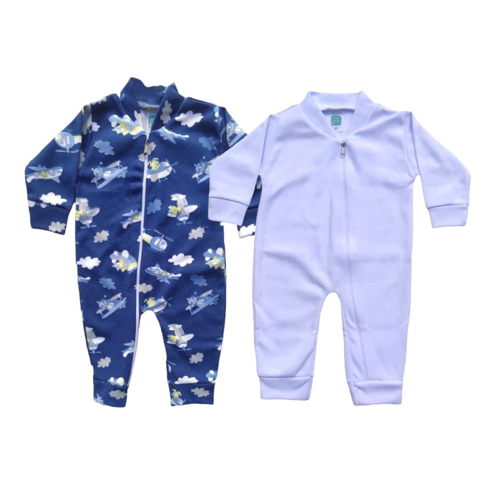 Kit 4 Pçs Macacão Com Zíper 2 Estampados + 2 Lisos Bebê Algodão Enxoval