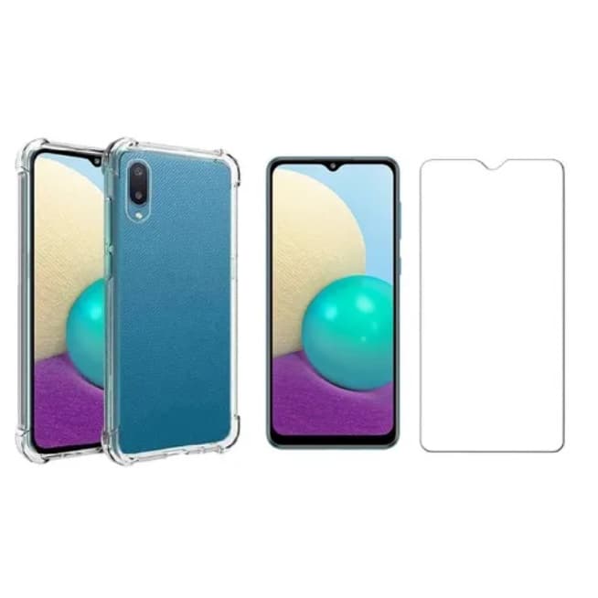 Capa Anti Impacto Para Samsung Galaxy M02 + Pelicula De Vidro (Anti queda shock choque proteção protetora air bag silicone TPU reforçada incolor transparente celular aparelho borda capinha case)
