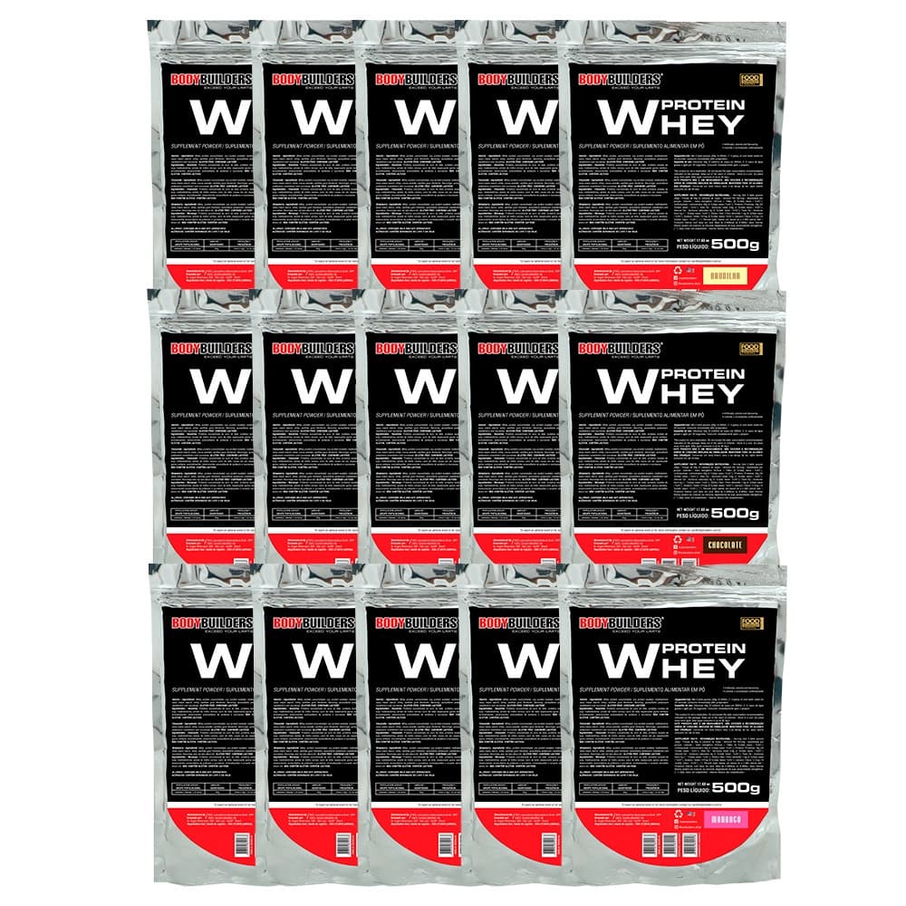 Kit 15x Whey Protein (WPC) 500g (Chocolate, Baunilha e Morango) - Ganho de Massa - Bodybuilders