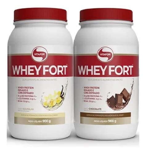 KIT COM 2 WHEY FORT VITAFOR 900GR WHEY PROTEIN SABOR CHOCOLATE E BAUNILHA