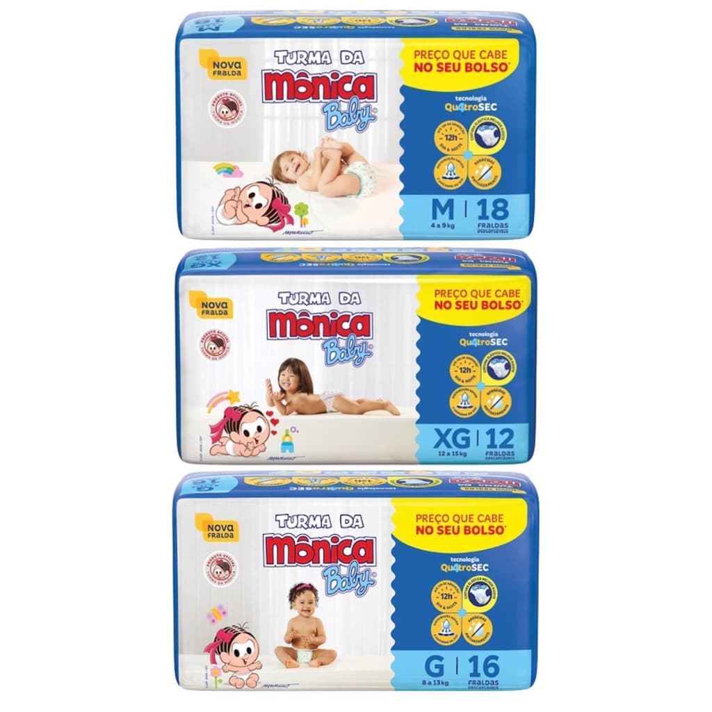 Kit com 4 Fraldas Descartáveis Turma da Mônica Baby QuatroSec Vários Tamanhos