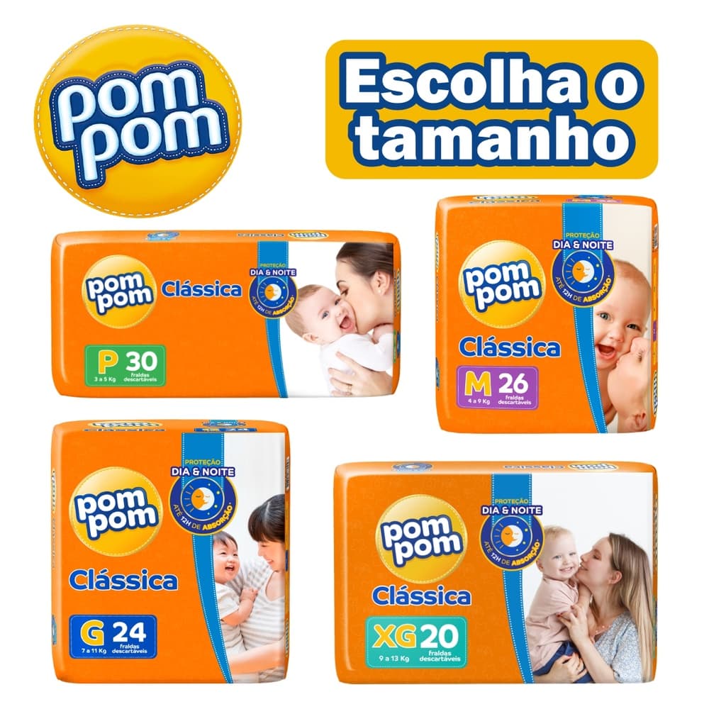 Fralda Pompom Clássica jumbo escolha o tamanho P/ M/ G/ XG