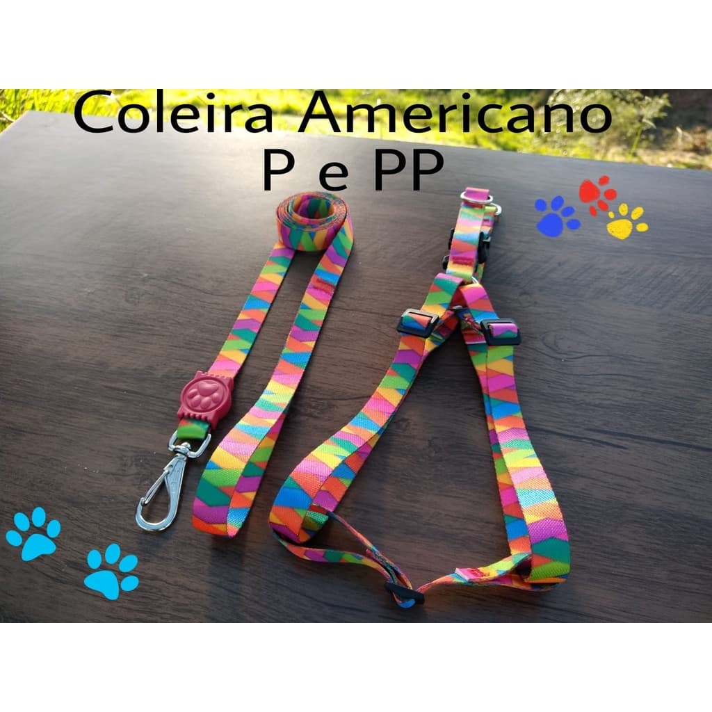 Coleira Peitoral AMERICANO para cachorro Pet TAM. P e PP com Guia Grande de 1,20m.