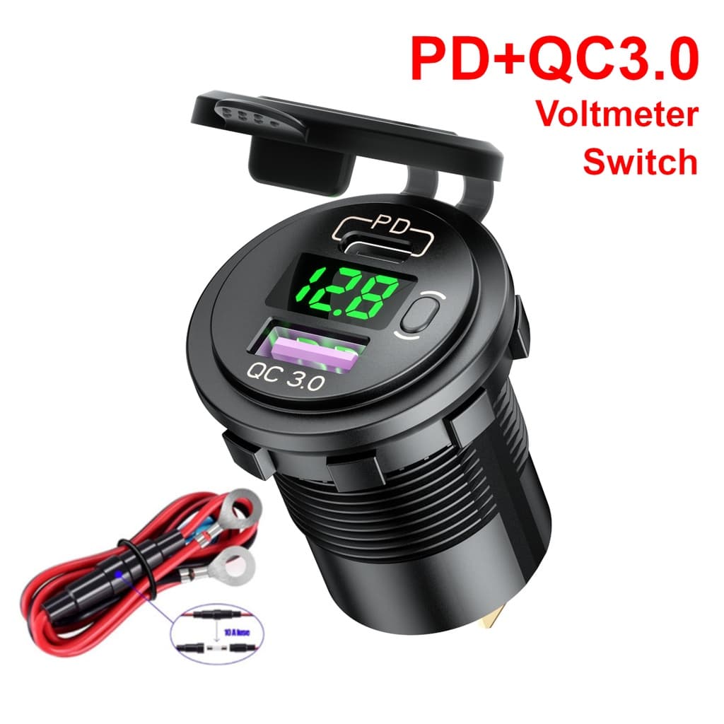 12/24V Carro PD Type C QC3.0 Carregador Rápido USB Tomada Com Interruptor ON OFF LED Voltímetro De Energia Carga Rápida 