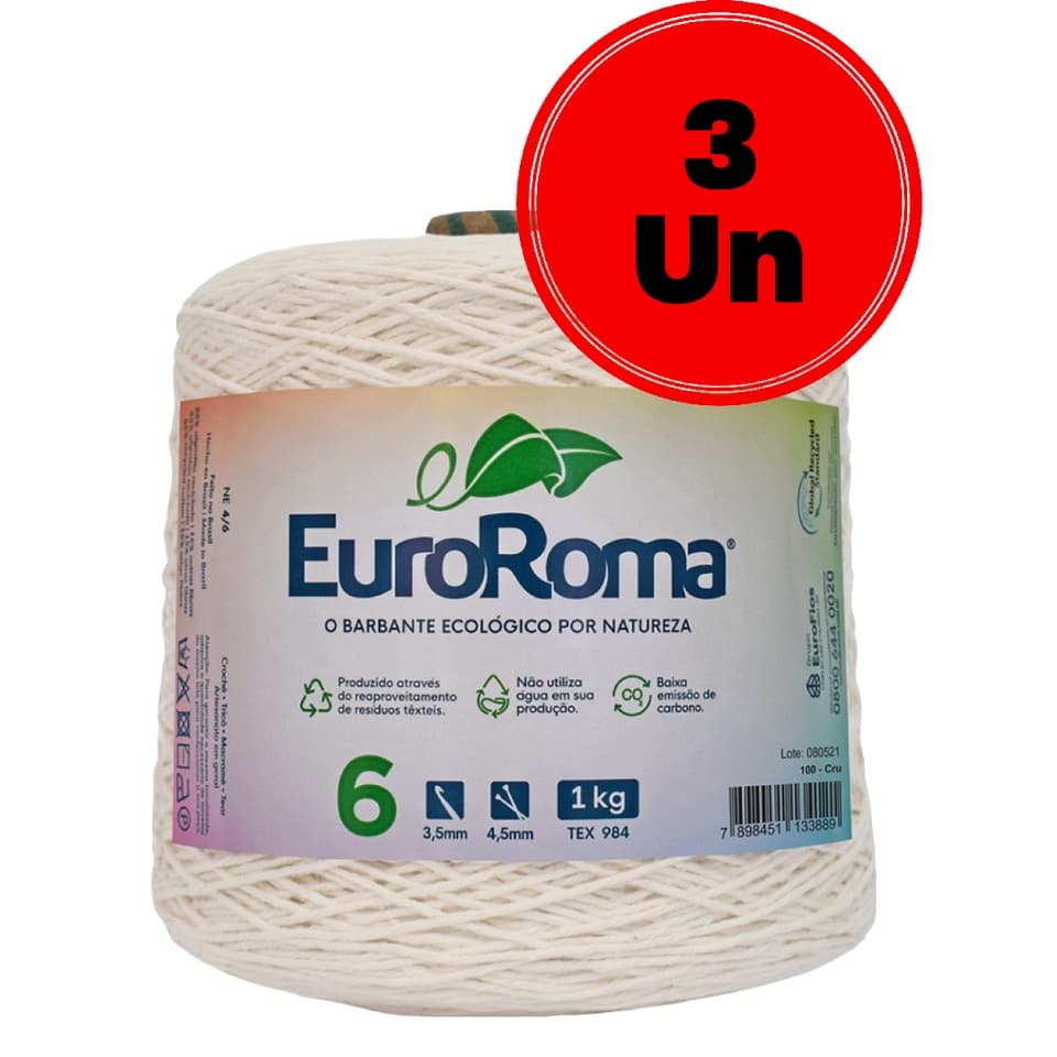 Kit 3 Barbante EuroRoma Cru 1 Kilo Fio nº 4 - 6 - 8 - 10 - 12 Linha para Croche, Trico, Tear, Macrame, Tapeçaria e Artesan