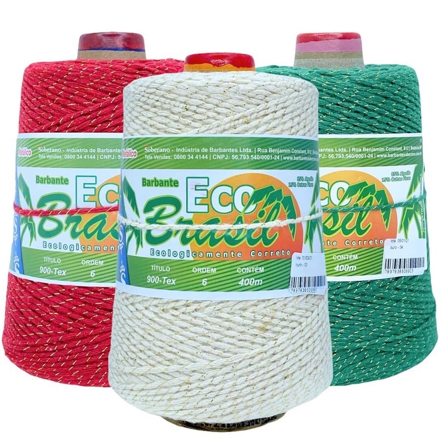 Barbante Eco Brasil Brilho Metalico Fio n°6 Ouro e Prata 400 Metros Soberano para Crochê, Tricô e Artesanato