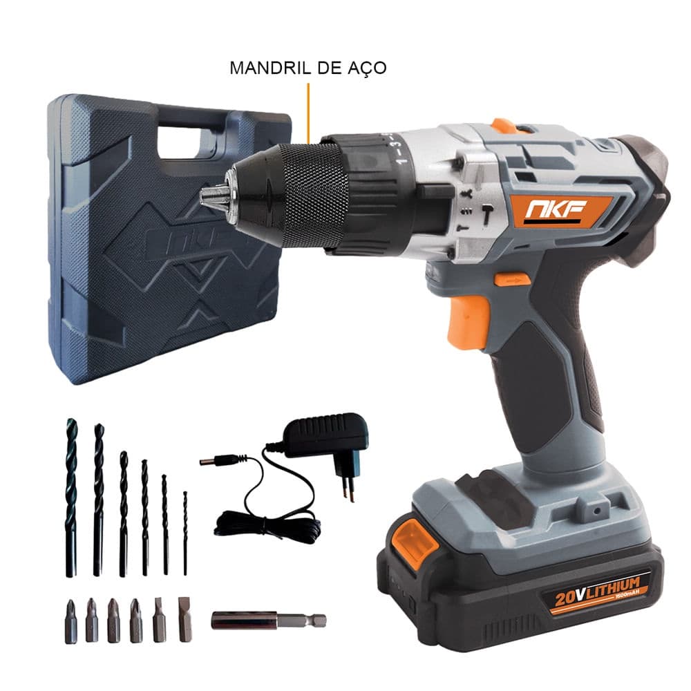 Furadeira Parafusadeira de Impacto a Bateria 20V Com Maleta Brocas e Acessórios Bits FP20X NKF