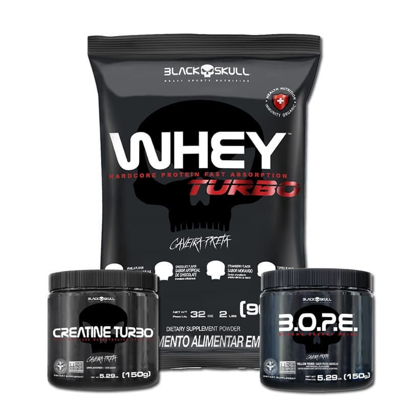 Kit Suplemento Combo Whey Turbo 907g + Creatina 150g + Pre Treino B.O.P.E 150g Bope - Black Skull