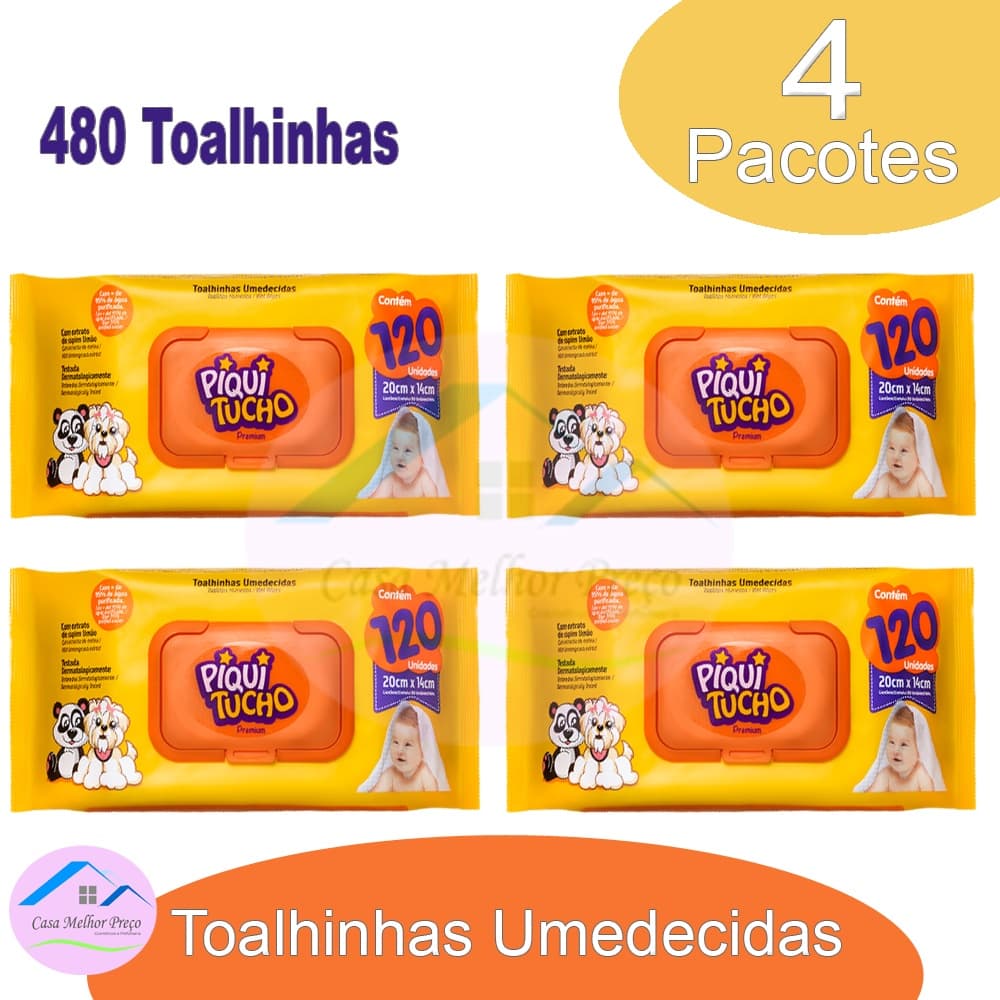 Kit 4 Pcts Toalhinhas Lenços Umedecidos Piquitucho de 120un (total 480 toalhinhas)