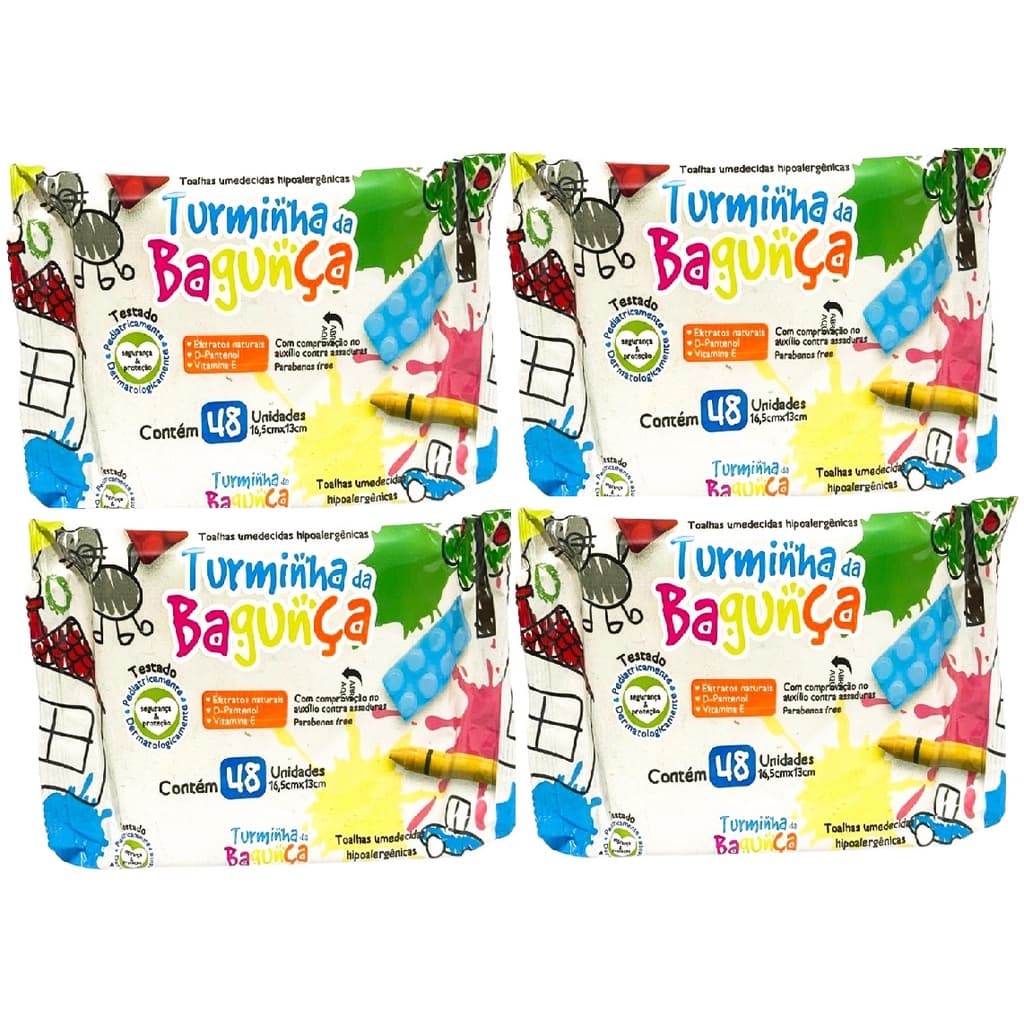 Kit com 4 - Lenço Umedecido Turminha da Bagunça Toalha Umedecida 48 Unidades